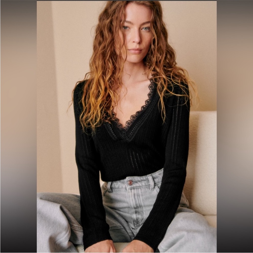 ✨NWT Sezane ABIGAEL wool sweater jumper black lace v neck